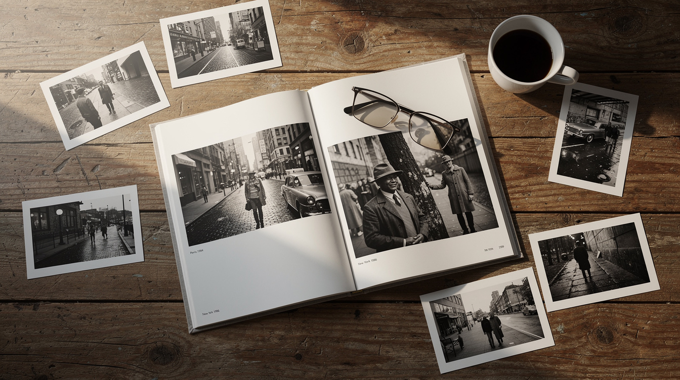 Flat lay of a printed documentary photo book and gallery prints on a wooden table