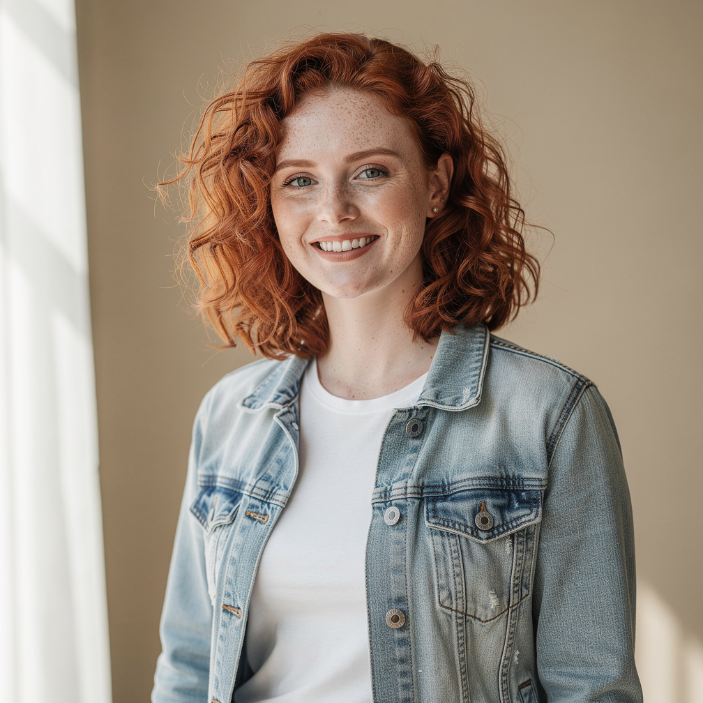 Portrait of a Danish female photo editor with curly red hair