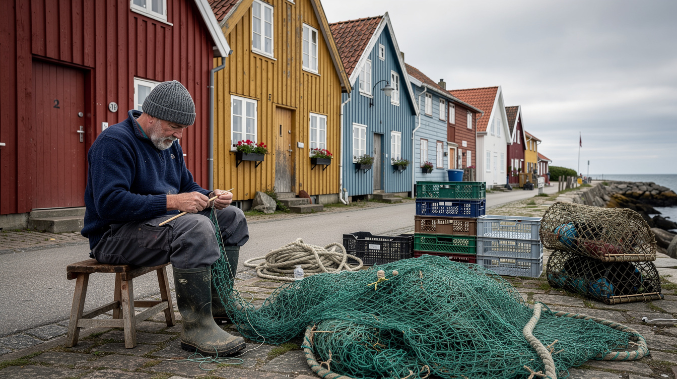 Documentary photographer capturing a fisherman mending nets in a colorful Danish coastal village
